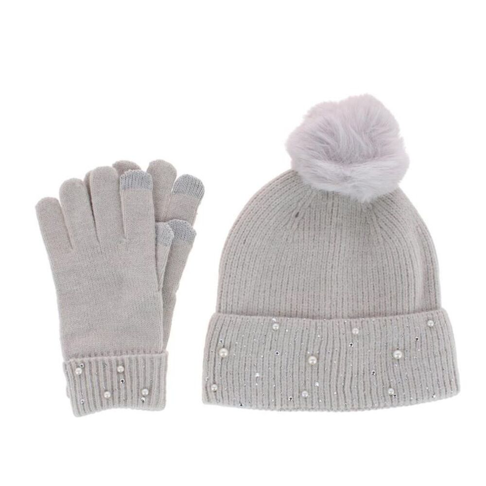 CTM Women's Embellished Knit Winter Beanie and Touchscreen Glove Set